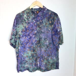 Ojai Vintage Purple Green Floral Rayon Short Sleeve Shirt Size L